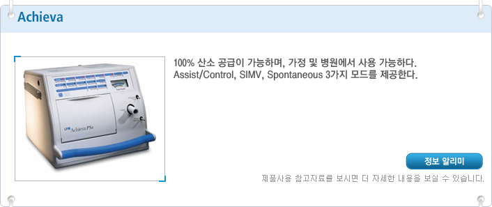 Achieva 100% 산소 공급이 가능하며, 가정 및 병원에서 사용 가능하다. Assist/Control, SIMV, Spontaneous 3가지 모드를 제공한다. 